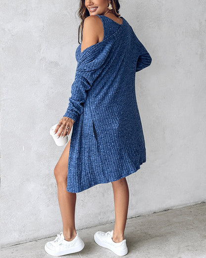 2 Pieces Outfit U-Neck Thick Strap Button Front Slim Fit Ribbed Knit Dress and Casual Long Sleeve Pockets Design Open Front Cardigan Coat Set