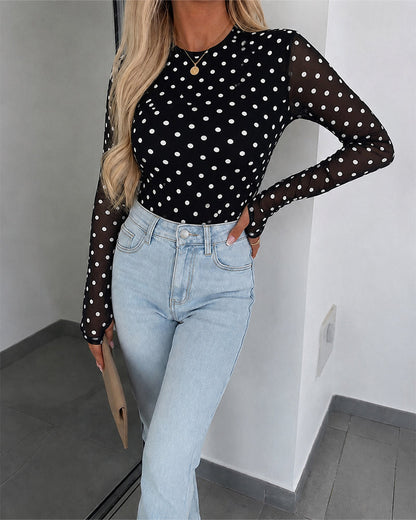 Women's Mesh Polka Dot Top Lined Sheer Long Sleeve Tee Crewneck Slim Fit Layering Under Base Top with Thumbholes