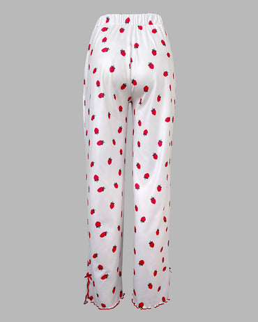 2 Pieces Outfit Strawberry Print Stand Collar Short Sleeve T-shirt and Pants Pajamas Set