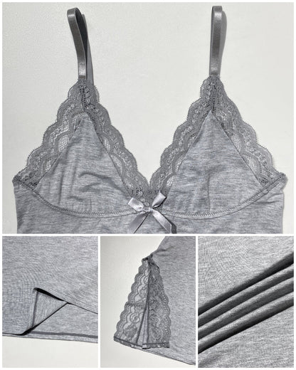 2 Piece Lace Trim Side Slit Bowknot Decor Modal Cami Sleep Dress Cardigan Nightdress Set