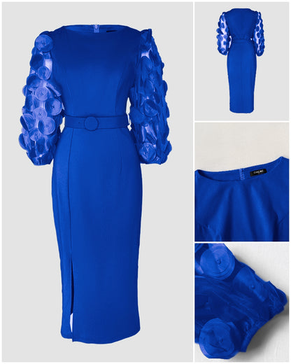 3D Polka Dot Appliques Mesh Lantern Sleeve Zipper Back Slit Work Dress Cinched Waist Slim Fit Mid-Length Dress With Belt