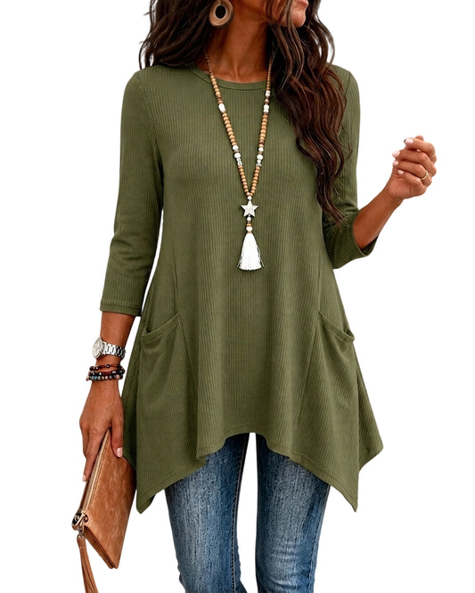 CHICMELIVE Womens 3/4 Sleeve Ribbed Tunic Asymmetrical Hem Loose Top