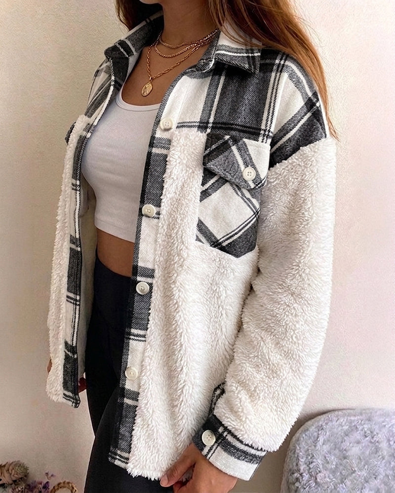 CHICMELIVE Women's Fleece Jacket Plaid Patchwork Sherpa Shacket