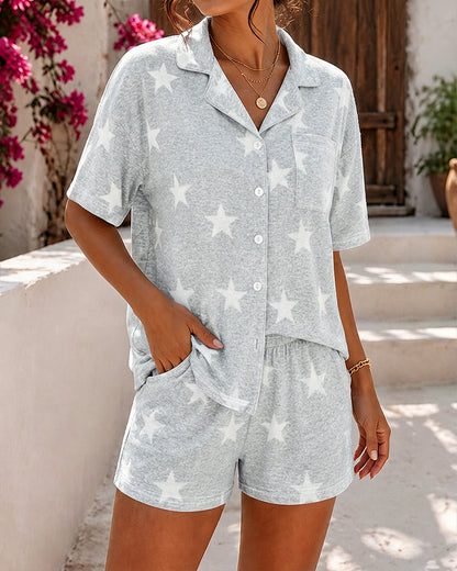 Women's 2 Piece Pajama Set Anchor Print Notched Collar Top and Striped Shorts Casual Loungewear Set