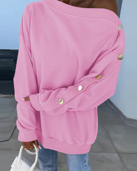 Skew Neck Buttoned Sweatshirt Casual Long Sleeve Pullover Tops Outfits