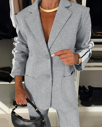 2 Pieces Outfit Notched Collar Single Breasted Pockets Design Coat and Elastic Waist Seam Front Wide Leg Pants Set Casual Contrast Side Striped Blazer Set