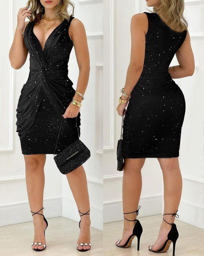 Glitter Twist Design Deep V-Neck Sleeveless Bodycon Dress Ruched Party Dress