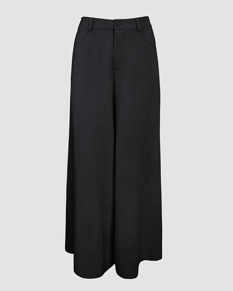 Skew Neck Lantern Sleeve Loose Top & Zipper Fly Wide Leg Pants Set without Belt