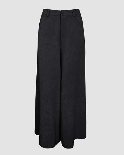 Skew Neck Lantern Sleeve Loose Top & Zipper Fly Wide Leg Pants Set without Belt