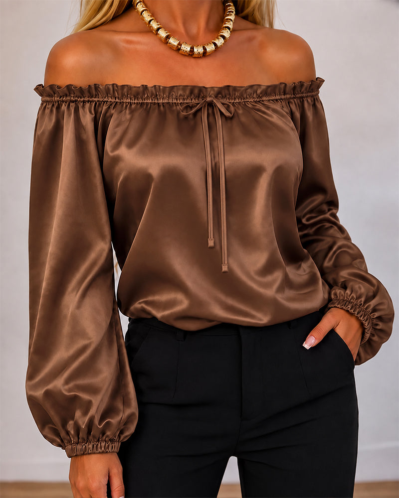 CHICMELIVE Off Shoulder Satin Tops Women Ruffle Tie Front Blouse