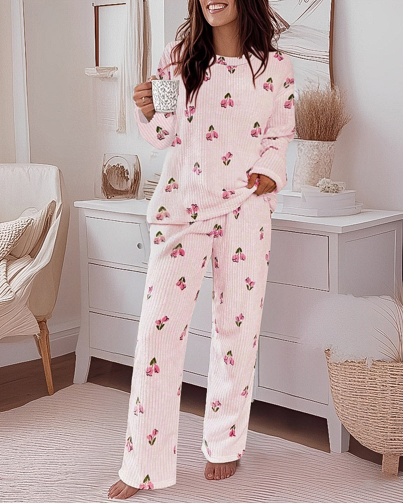 2 Pieces Outfit Floral Print Round Neck Drop Shoulder Top and Elastic Waist Pants Set Casual Ribbed Flannel Pajamas Set
