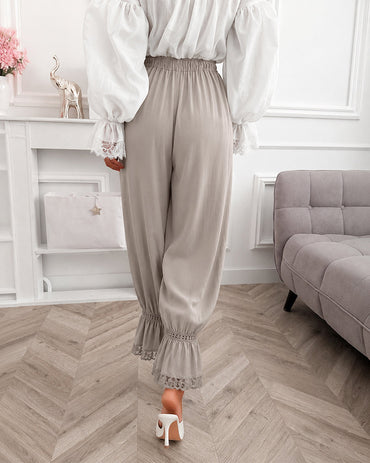 Women's Lace Patchwork Pants Elastic High Waist Hollow Out Ruffle Hem Lantern Trousers Casual Loose Lounge Pants