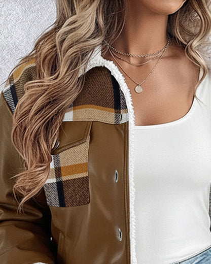 PU Leather Plaid Print Spliced Turn-down Collar Button Front Thermal Lined Jacket Casual Faux Shearling Trim Flap Pockets Design Crop Warm Coat