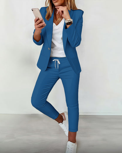 2 Pieces Outfit Shawl Collar Single Breasted Pockets Design Blazer Coat and Drawstring Elastic Waist Slim Fit Pants Set