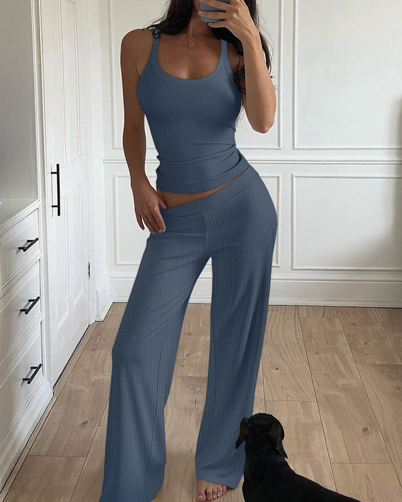 2 Pieces Outfit U-Neck Spaghetti Strap Cami Top and Elastic Waist Wide Leg Pants Set Casual Ribbed Set