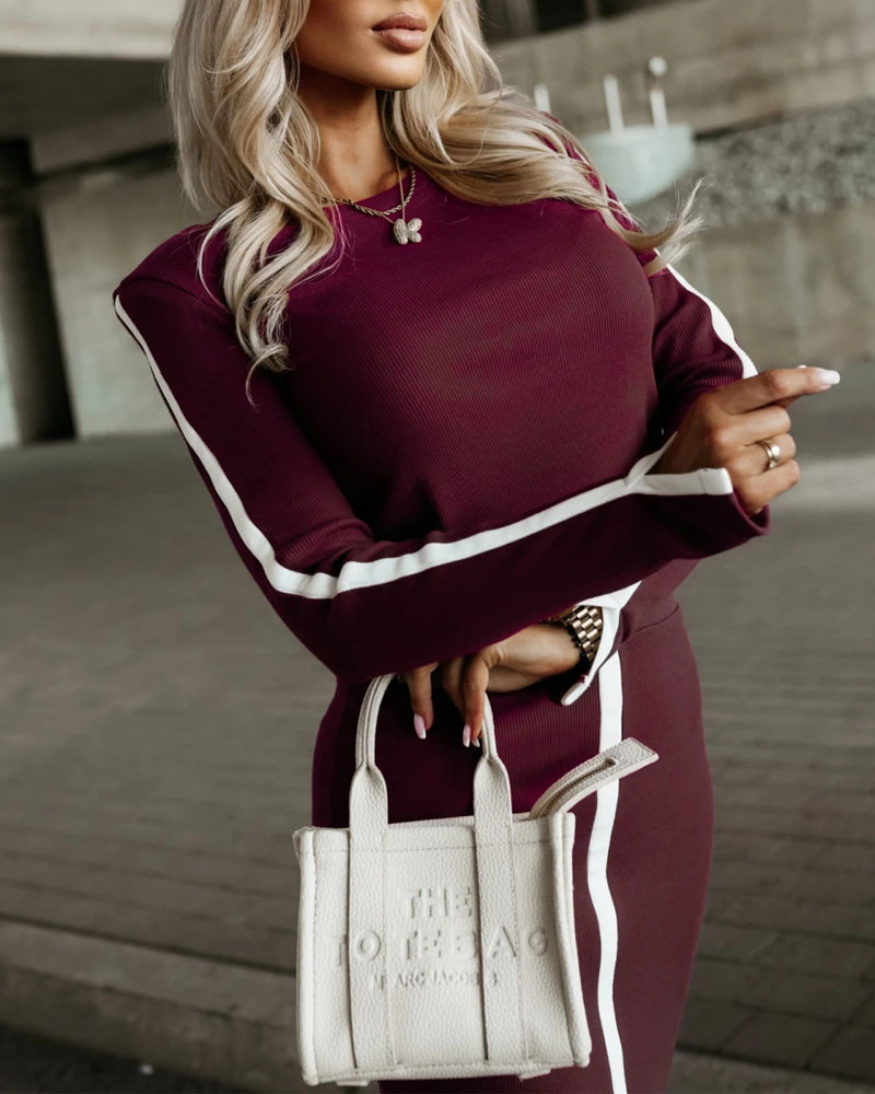 2 Piece O-Neck Pullover Casual Top Slit Front Skirt Set Tracksuit