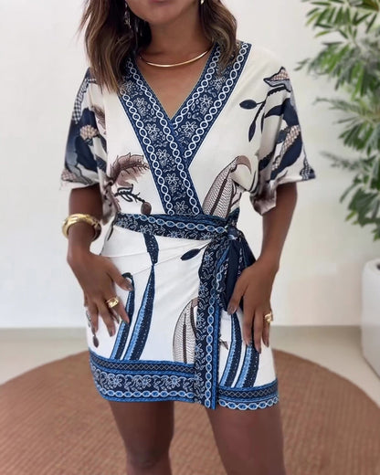 Women's Tropical Print Romper V Neck Wrap Knot Side Jumpsuit Half Sleeve Beach Vacation Summer Skorts Romper