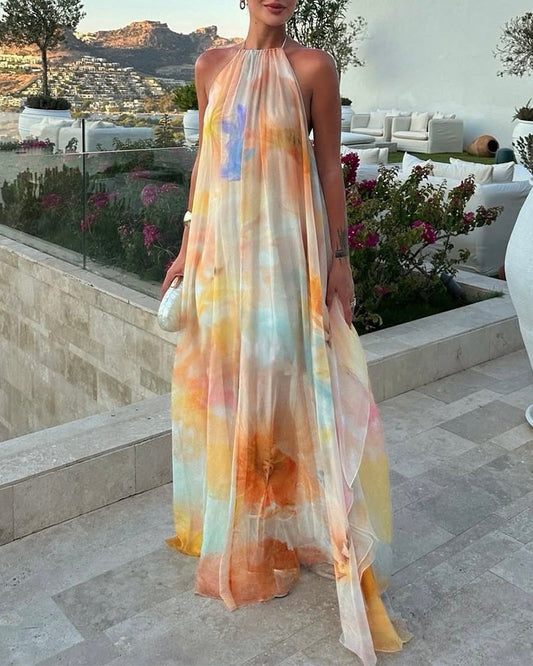 CHICME Women's Tie Dye Print Chiffon Maxi Dress Halter Neck Backless Tied Flowy A-Line Long Dress for Vacation