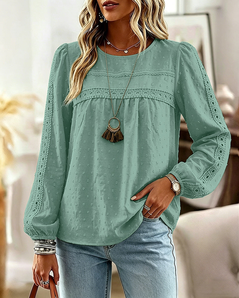 Women's Hollow-Out Lace Spliced Lantern Sleeve Top Elegant 3D Jacquard Chiffon Blouse for Work and Daily Wear