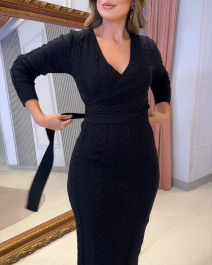 Cable Textured Overlap Deep V-Neck Long Sleeve Mid-Length Dress Tie Waist Slim Fit Knit Dress