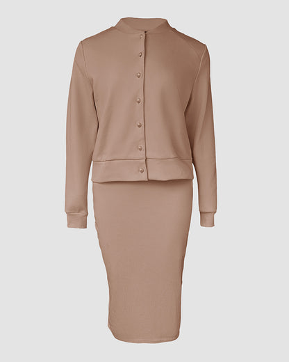 2 Pieces Outfit U-Neck Slit Back Slim Fit Knit Tank Dress and Pearl Button Front Baseball Coat Casual Ribbed Set