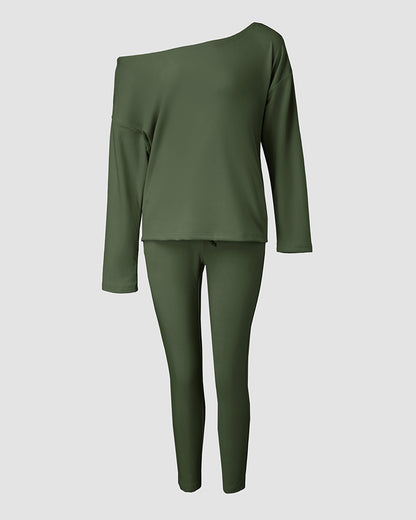 2 Pieces Outfit Long Sleeve Skew Neck Pullover Top and Drawstring Elastic Waist Slim Fit Pants Set