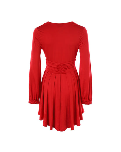 Deep V Neck Lantern Sleeve Ruched Pleated A Line Flowy Dress Single Breasted Decor Cinched Waist Party Dress