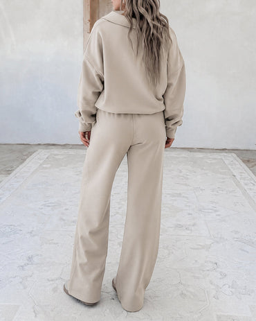 Women's Two Piece Sweatsuit Polo V Neck Pullover and Drawstring Wide Leg Pants Casual Lounge Set