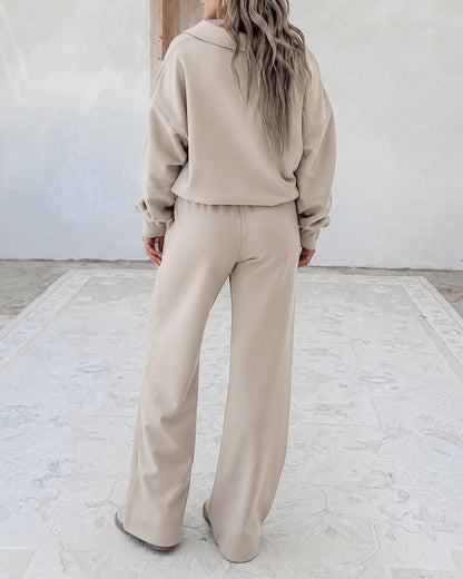 Women's Two Piece Sweatsuit Polo V Neck Pullover and Drawstring Wide Leg Pants Casual Lounge Set
