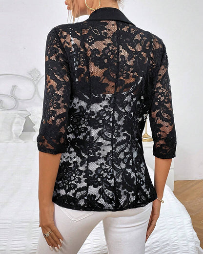 Lapel Neck Lace Patch Single Button Flap Detail Sheer Blazer Coat