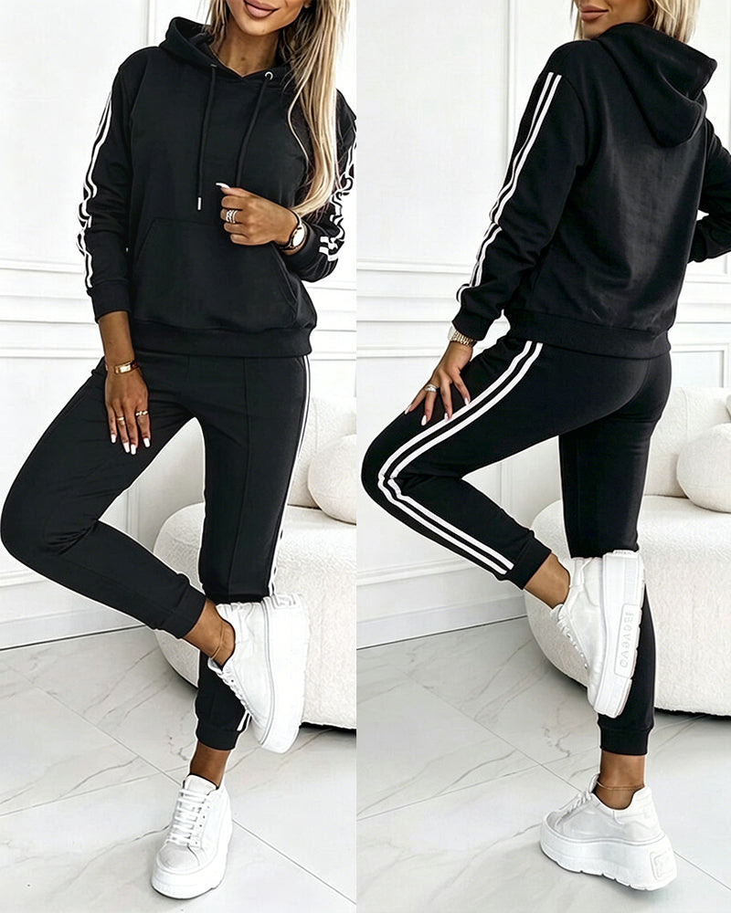 Women's Contrast Side Striped Athletic Set Drawstring Hoodie Top and Jogger Sweatsuit Casual Sweatpants Set with Pockets