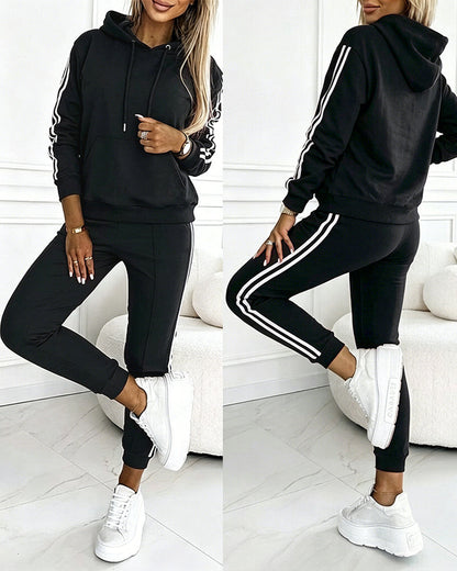 Women's Contrast Side Striped Athletic Set Drawstring Hoodie Top and Jogger Sweatsuit Casual Sweatpants Set with Pockets