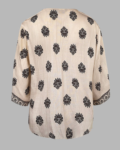 Floral Print V Neck Long Sleeve Blouse Casual Loose Fit Top