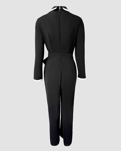 Contrast Paneled Notched Collar Padded shoulders Work Jumpsuit Casual Zipper Back Wrap Front Jumpsuit