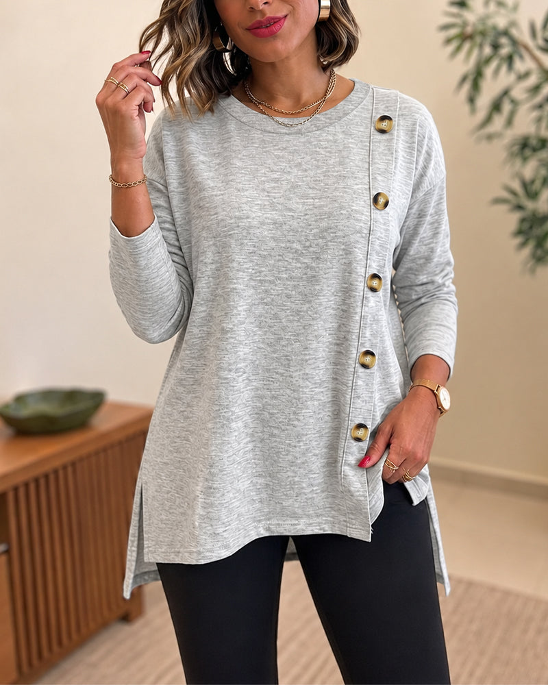 CHICMELIVE Womens Long Sleeve Tops with Buttons Dressy Casual Crewneck Shirts