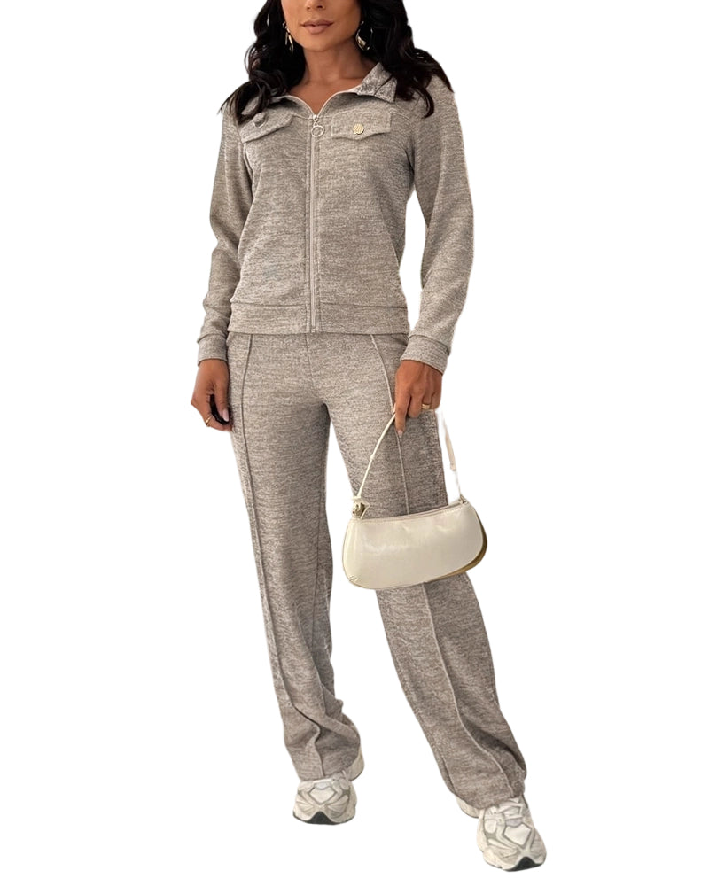 CHICMELIVE Women's 2 Piece Tracksuit Lapel Zip Jacket High Waist Pants Set