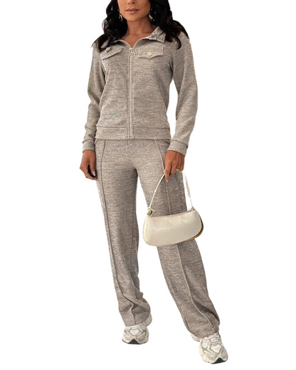 CHICMELIVE Women's 2 Piece Tracksuit Lapel Zip Jacket High Waist Pants Set