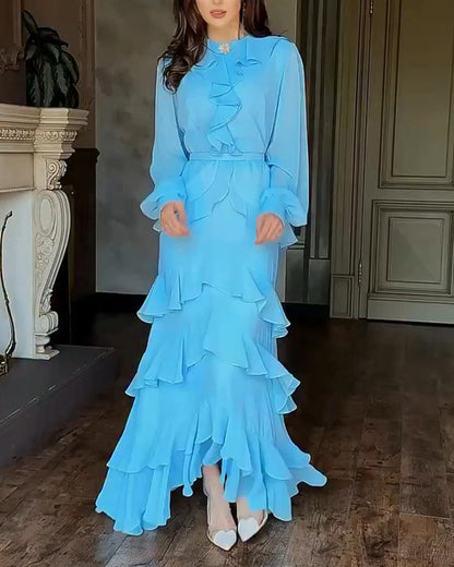 French Style Rhinestone Decor Ruffles Round Neck Lantern Sleeve Asymmetrical Hem Dress Zipper Back Layered Ruffle Hem Chiffon Evening Dress with Belt