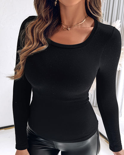 Built In Bra U Neck Tee High Stretchy Knit T-Shirt Long Sleeve Top