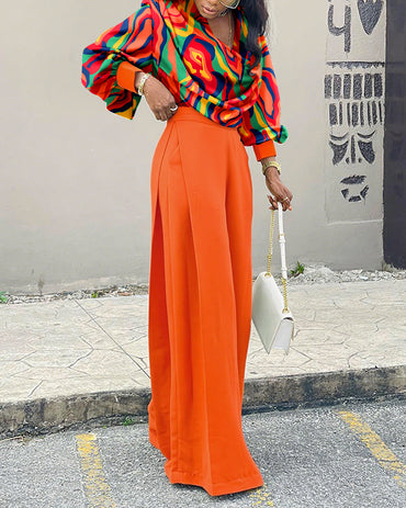2 Pieces Outfit Multi-color All Over Print Cowl Neck Lantern Sleeve Stretchy Hem Loose Crop Top and Casual Elastic Back Waist Wide Leg Pants Set