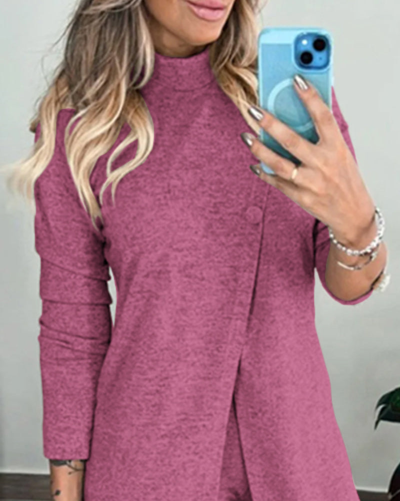 2 Pieces Outfit Mock Neck Long Sleeve Button Decor Slit Mid-Length Top and Stretchy Drawstring High Waist Slim Fit Pants Set