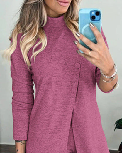 2 Pieces Outfit Mock Neck Long Sleeve Button Decor Slit Mid-Length Top and Stretchy Drawstring High Waist Slim Fit Pants Set