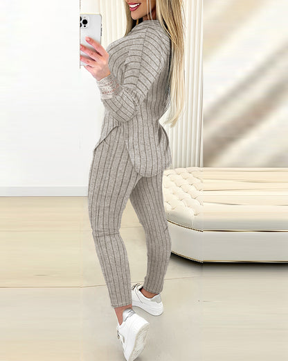 2 Pieces Outfit Drop Shoulder Lace Cuffs Asymmetrical Hem Drawstring Hoodie Top and Elastic Waist Slim Fit Pants Set Casual Brushed Ribbed Set