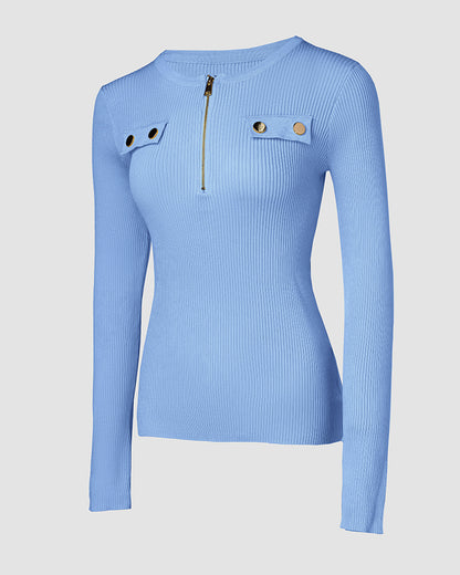 Crewneck Half Zipper Flap Detail Knit Sweater Long Sleeve Slim Fit Ribbed Pullover Top