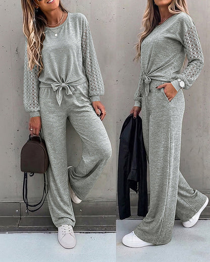 Women's 2 Piece Outfits Lace Patchwork Long Sleeve Top and Knot Front Straight Leg Pants Set Casual Matching Lounge Set