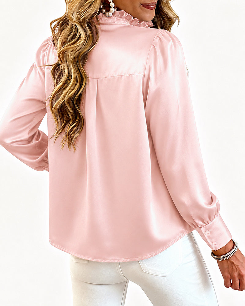 Women's Satin Frill Hem Blouse Long Sleeve Half Button Shirt Elegant Stand Collar Office Work Top
