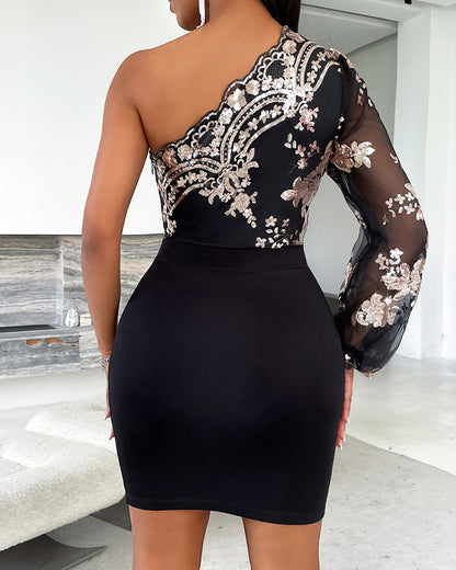Floral Pattern Contrast Sequin One Shoulder Bodycon Dress