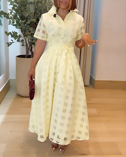Turn-down Collar Plaid Mesh Double-Layered Cinched Waist Maxi Dress Button Down Bow Tie Waist Commuting Dress