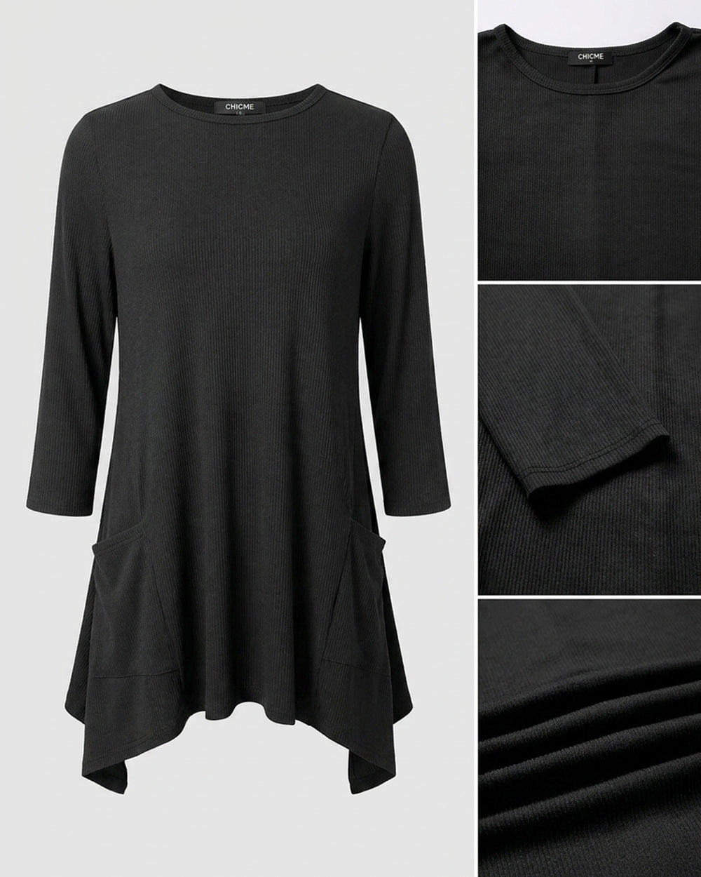 CHICMELIVE Womens 3/4 Sleeve Ribbed Tunic Asymmetrical Hem Loose Top