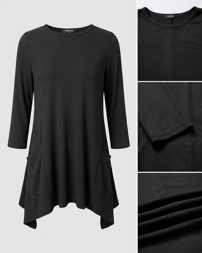 CHICMELIVE Womens 3/4 Sleeve Ribbed Tunic Asymmetrical Hem Loose Top
